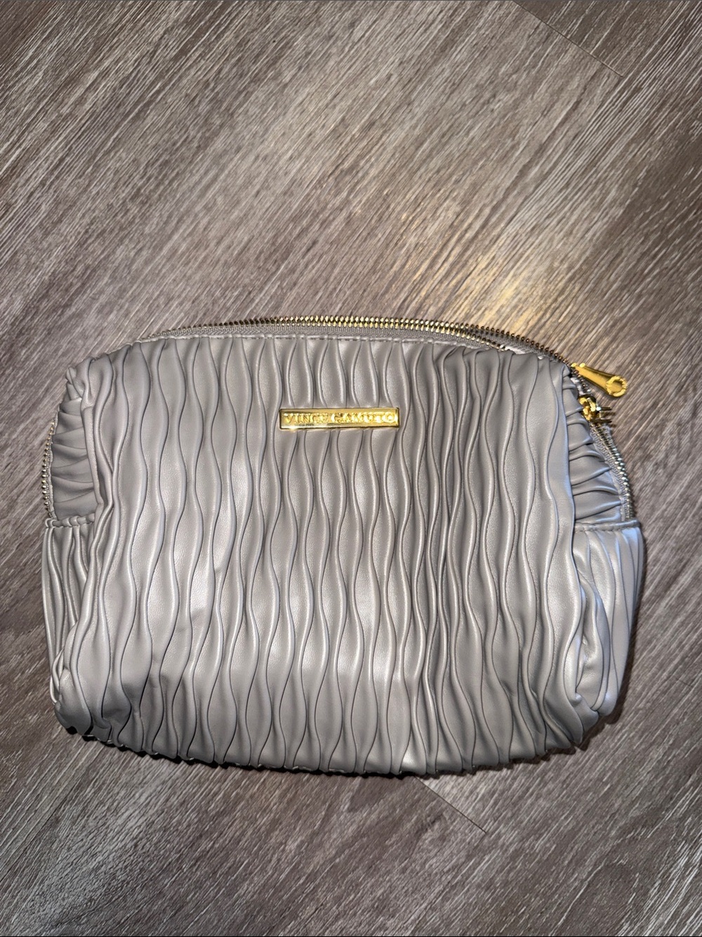 Vince Camuto Silver-Gray Quilted Ripple Cosmetic Bag zipper call out